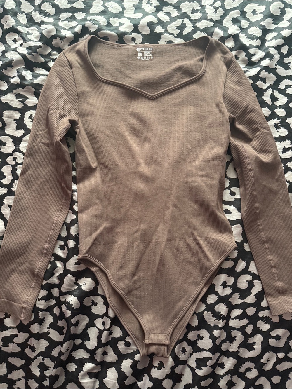 Long-Sleeve Ribbed Bodysuit — Taupe